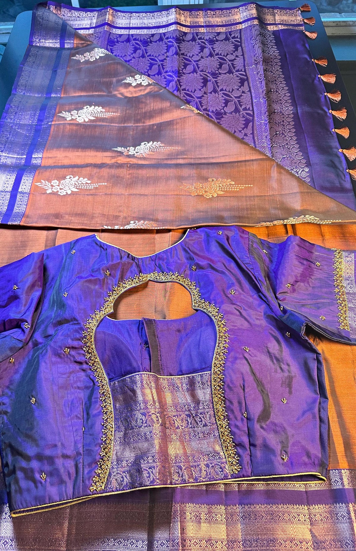 Burnt Orange Purple Handloom Kanjivaram Silk Saree, Handloom  Saree with Stitched Blouse, Ready to Wear Indian Wedding Saree