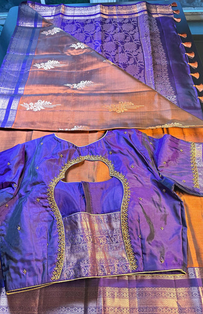 Burnt Orange Purple Handloom Kanjivaram Silk Saree, Handloom  Saree with Stitched Blouse, Ready to Wear Indian Wedding Saree