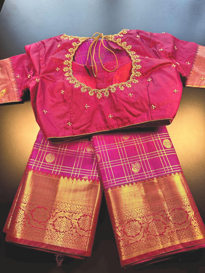 Premium Kanjivaram Semi Silk Saree with Maggam Work Blouse, Ready-to-wear, Shipping from US, Partywear,  Wedding Saree.
