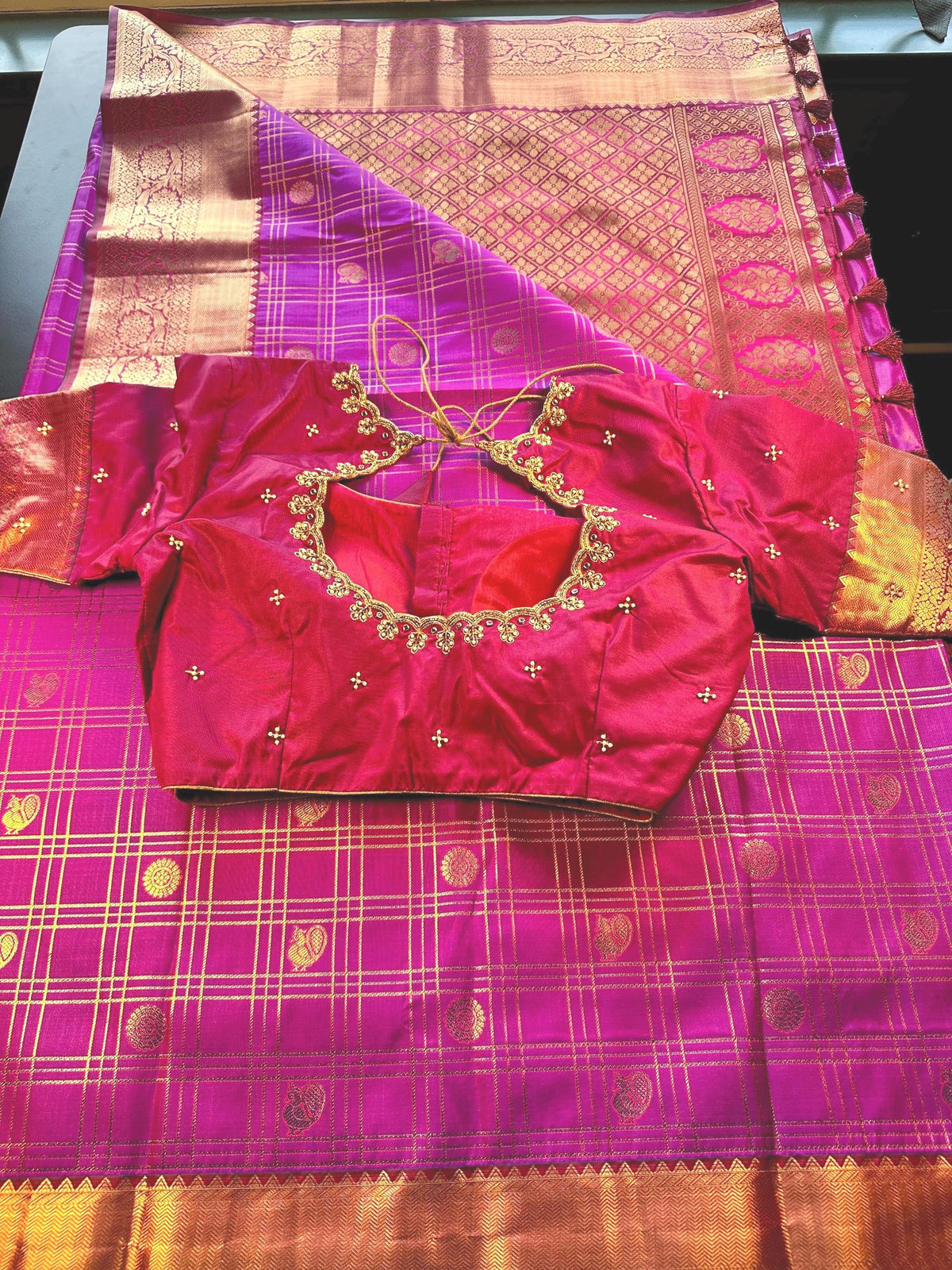 Premium Kanjivaram Semi Silk Saree with Maggam Work Blouse, Ready-to-wear, Shipping from US, Partywear,  Wedding Saree.