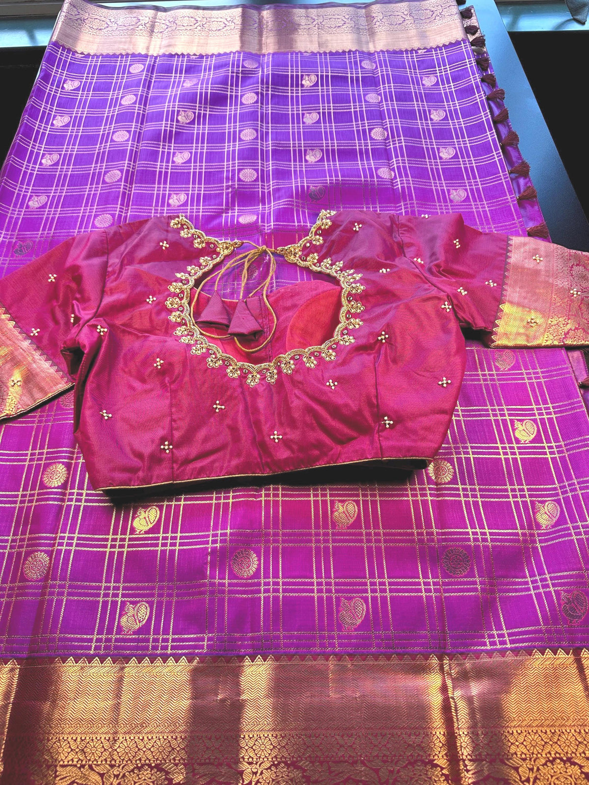 Premium Kanjivaram Semi Silk Saree with Maggam Work Blouse, Ready-to-wear, Shipping from US, Partywear,  Wedding Saree.