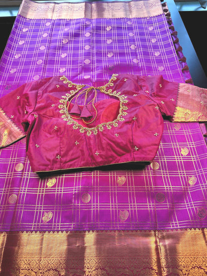 Premium Kanjivaram Semi Silk Saree with Maggam Work Blouse, Ready-to-wear, Shipping from US, Partywear,  Wedding Saree.