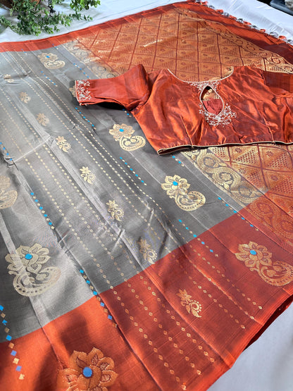 Handloom Kanjivaram Pure Silk Saree with Stitched Blouse | Wedding Saree With Stitched Blouse | Indian Party Wear Saree