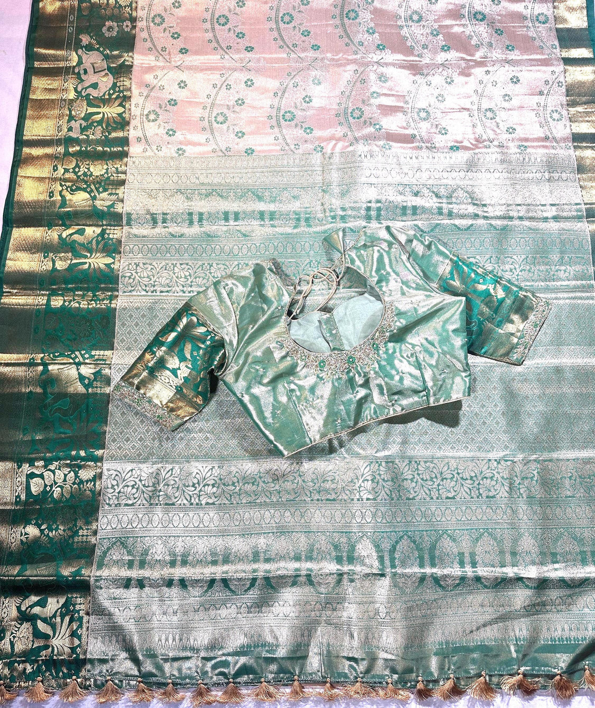 Pastel Shade Meenakari weaving Kanchivaram Semi Silk Saree with Maggam Work Blouse Ready-to-wear, Shipping from USA.