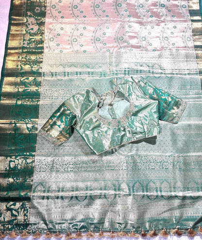 Pastel Shade Meenakari weaving Kanchivaram Semi Silk Saree with Maggam Work Blouse Ready-to-wear, Shipping from USA.