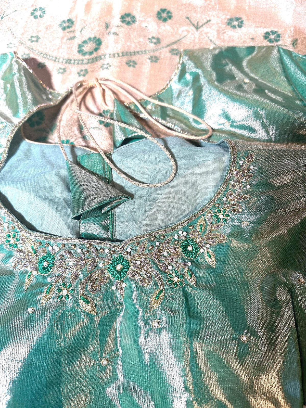 Pastel Shade Meenakari weaving Kanchivaram Semi Silk Saree with Maggam Work Blouse Ready-to-wear, Shipping from USA.
