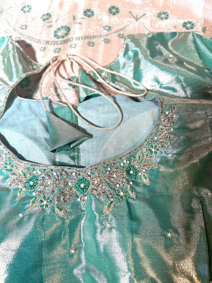 Pastel Shade Meenakari weaving Kanchivaram Semi Silk Saree with Maggam Work Blouse Ready-to-wear, Shipping from USA.