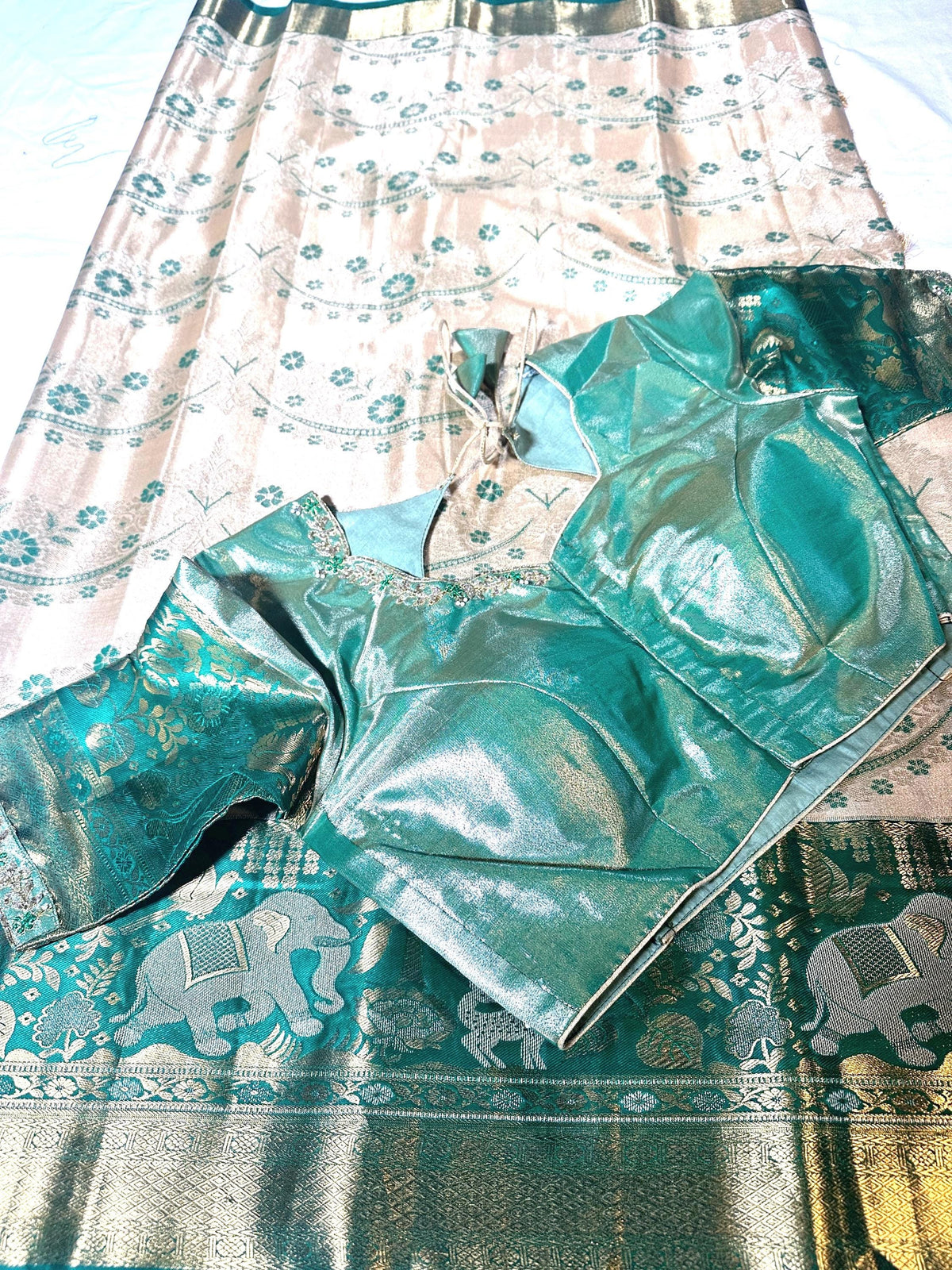 Pastel Shade Meenakari weaving Kanchivaram Semi Silk Saree with Maggam Work Blouse Ready-to-wear, Shipping from USA.