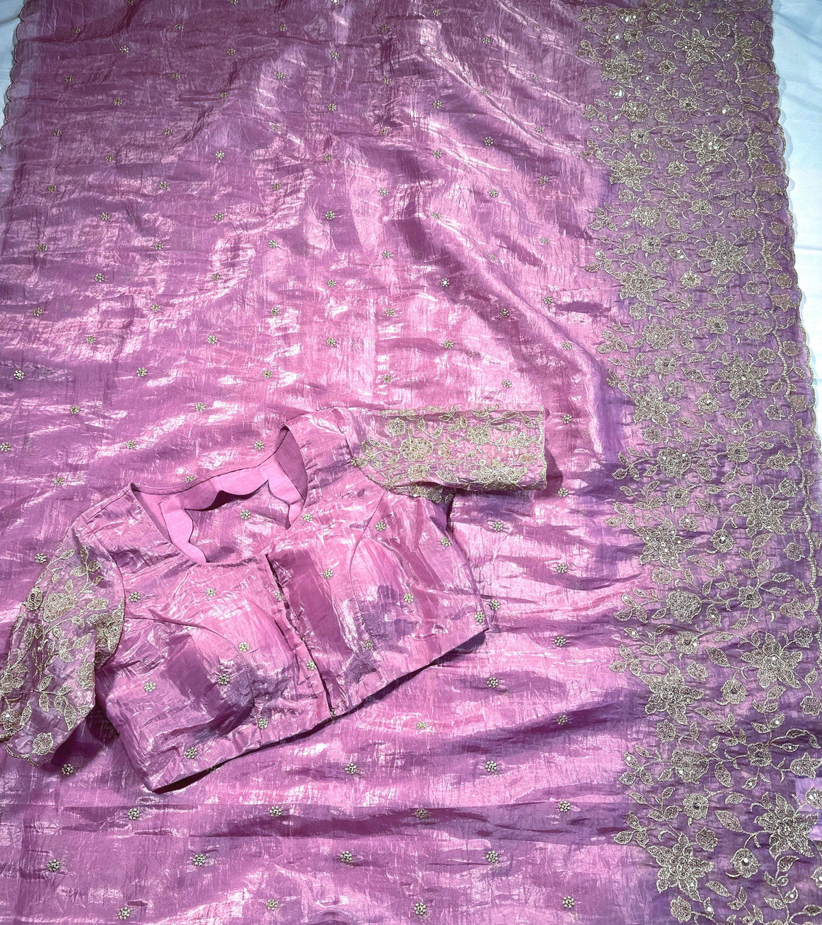 Crushed Organza Pure Silk Embroidered Saree | Stitched Blouse | Embroidered | Party wear Saree