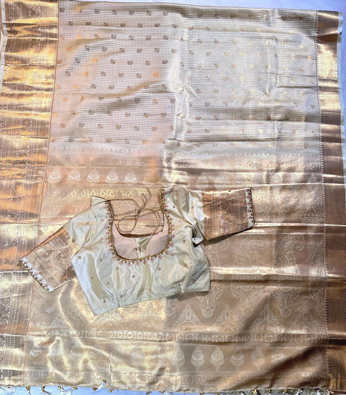 Pastel Shade Cream Premium Kanchivaram Semi Silk Saree with Maggam Work Blouse Ready-to-wear,  Festive wear, Onam Saree