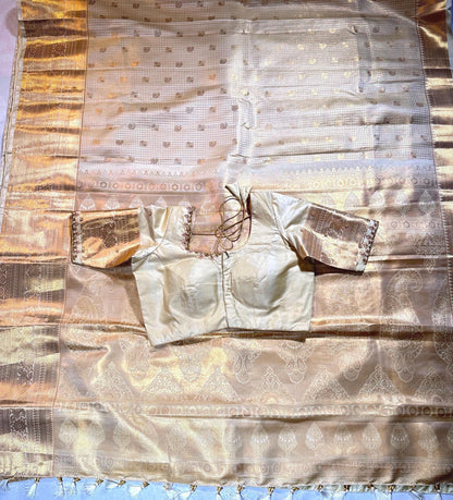 Pastel Shade Cream Premium Kanchivaram Semi Silk Saree with Maggam Work Blouse Ready-to-wear,  Festive wear, Onam Saree