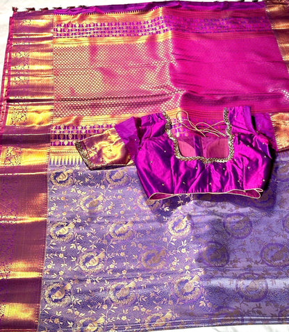 Kanjivaram Premium Silk Saree with stitched maggam work blouse. Partywear, Wedding Wear Saree, Shipping from USA