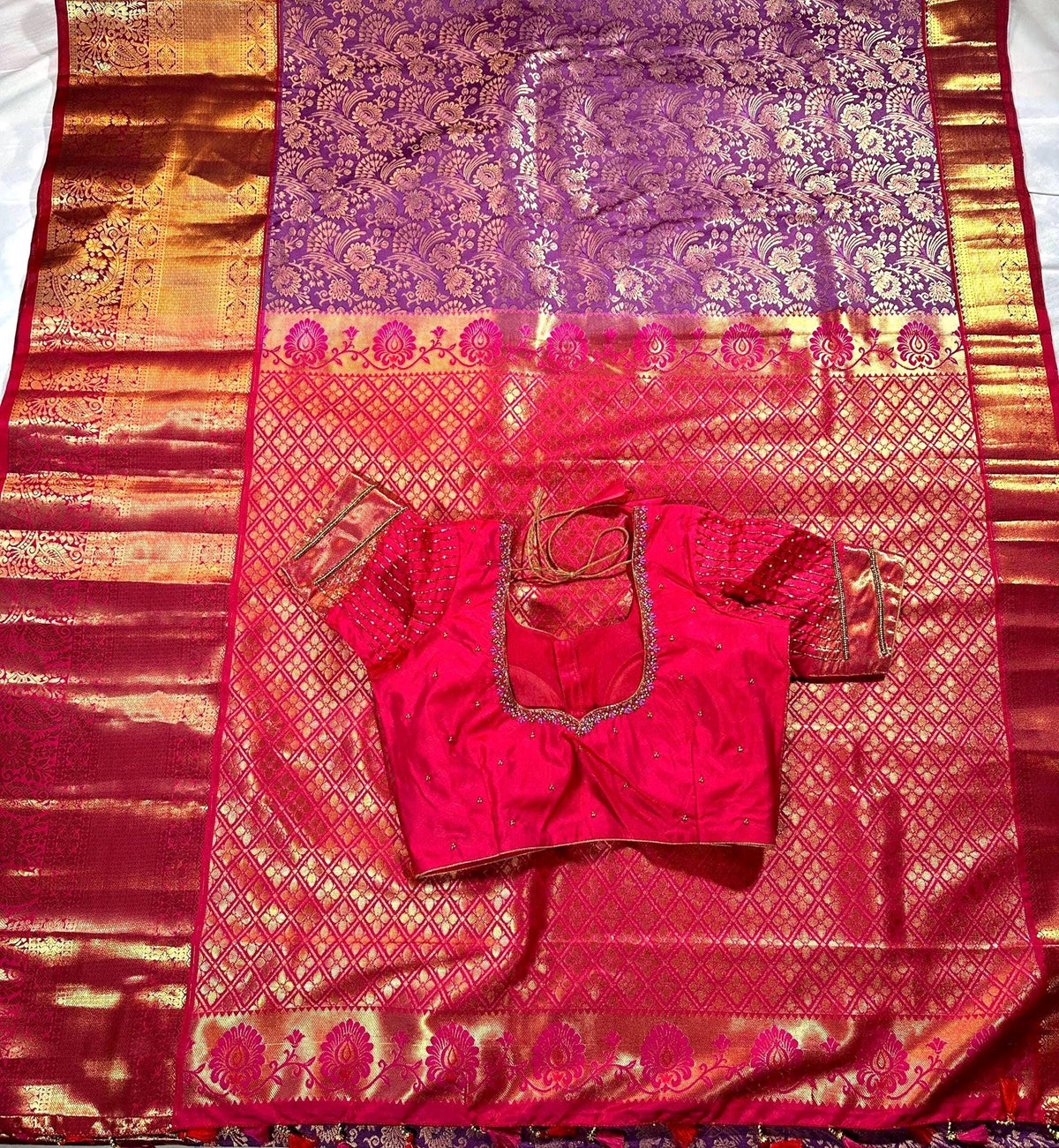 Kanjivaram Premium Kanchi Pattu Silk Saree with Stitched Maggam Work Blouse, Wedding Party Wear