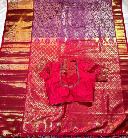 Kanjivaram Premium Kanchi Pattu Silk Saree with Stitched Maggam Work Blouse, Wedding Party Wear