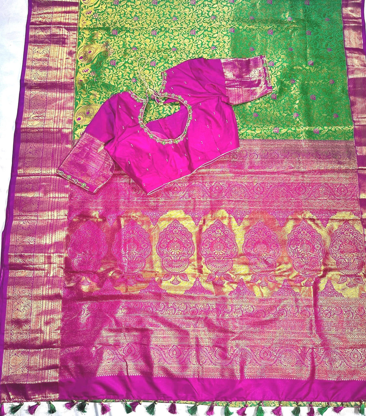 Kanjivaram Premium Silk Saree with Maggam Work Blouse, Ready-to-wear, Shipping from USA