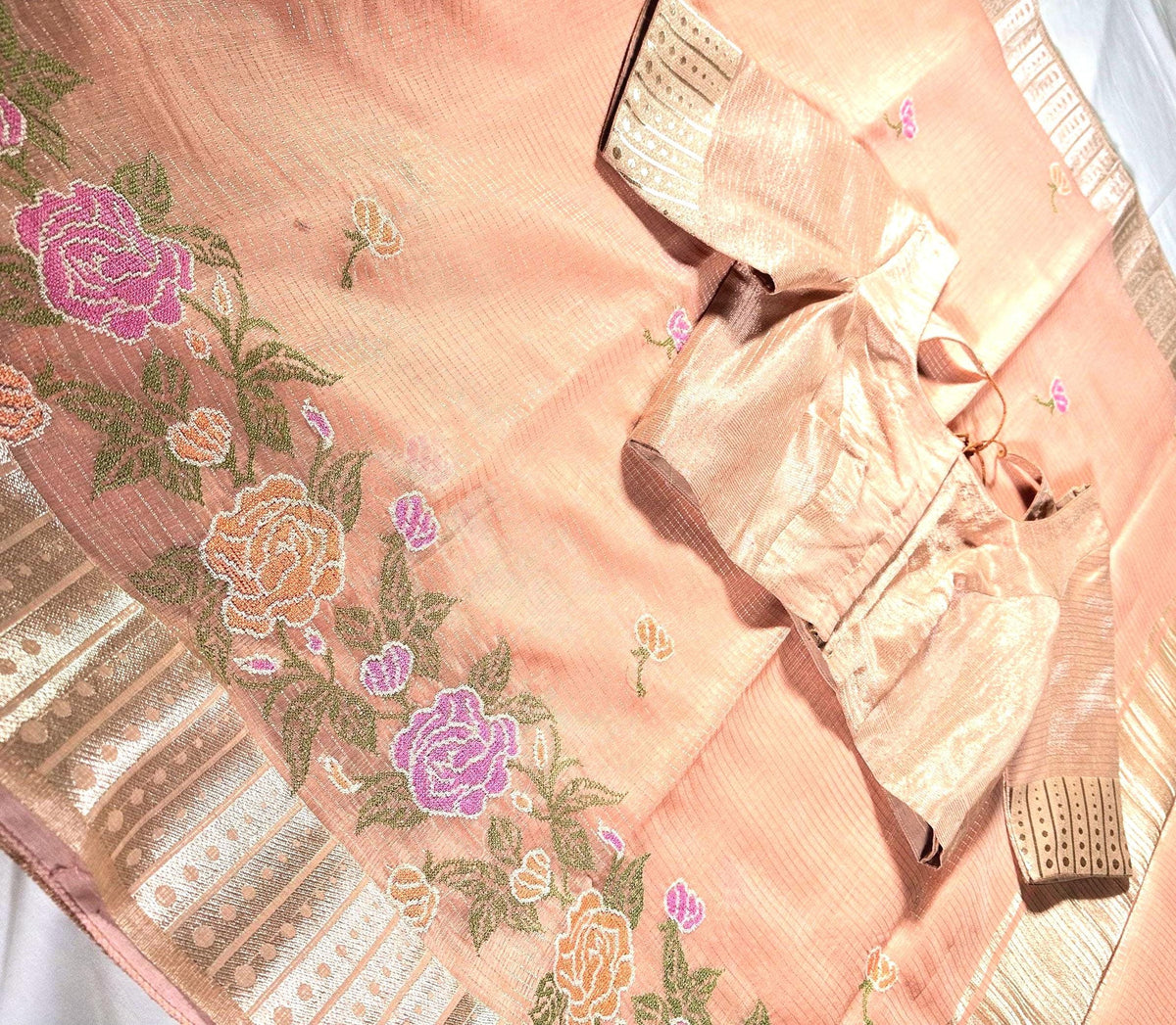 Tissue Kota Silk Saree with Floral Embroidery | Stitched Blouse | Indian Wedding & Party Wear Saree | Ships from USA