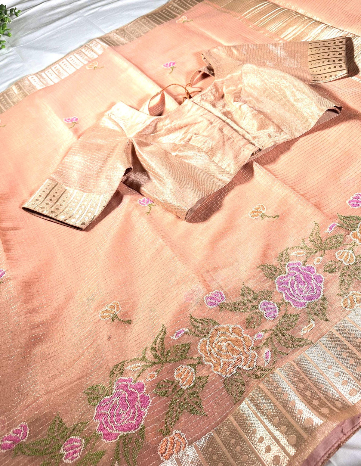 Tissue Kota Silk Saree with Floral Embroidery | Stitched Blouse | Indian Wedding & Party Wear Saree | Ships from USA