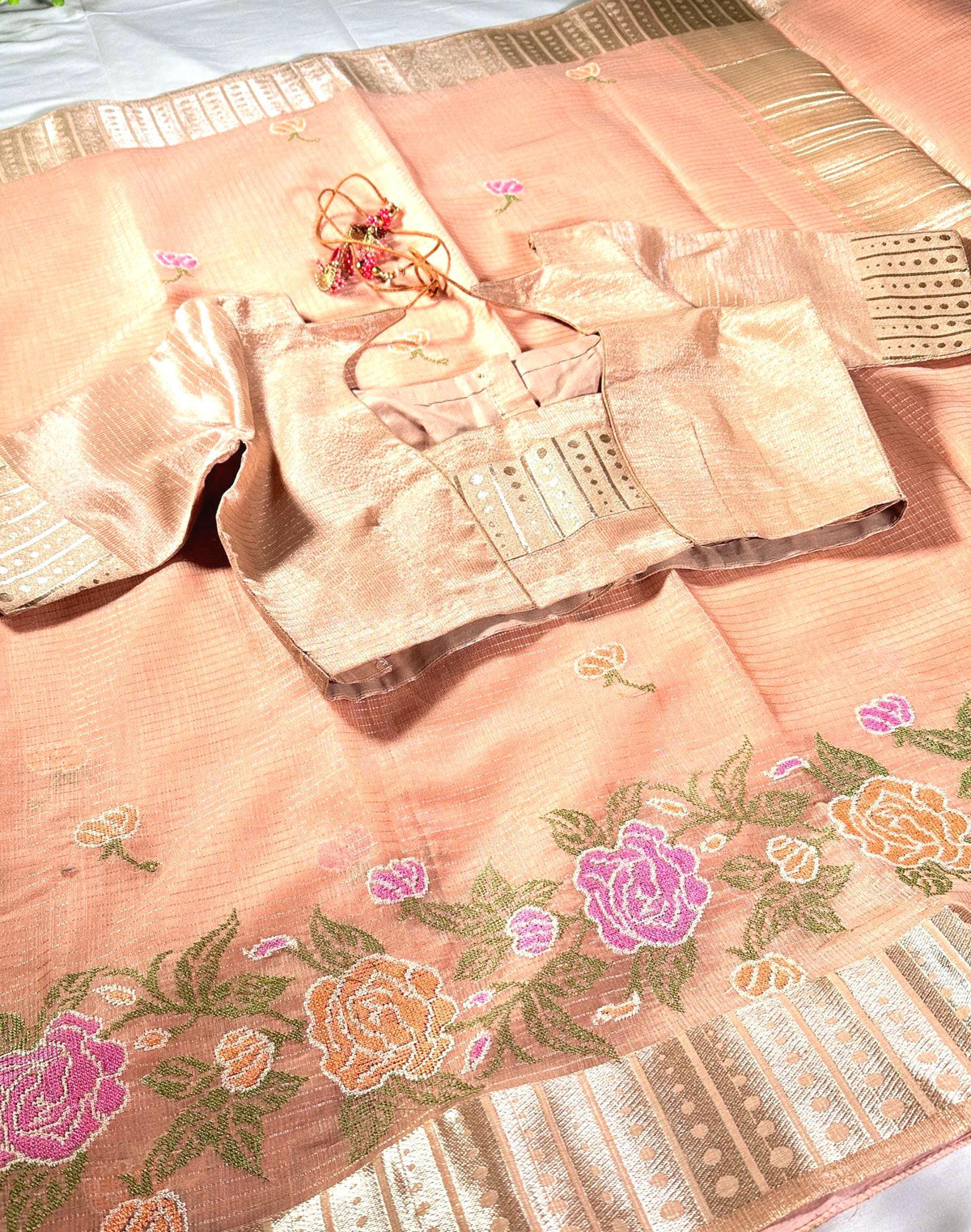 Tissue Kota Silk Saree with Floral Embroidery | Stitched Blouse | Indian Wedding & Party Wear Saree | Ships from USA