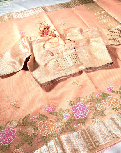 Tissue Kota Silk Saree with Floral Embroidery | Stitched Blouse | Indian Wedding & Party Wear Saree | Ships from USA