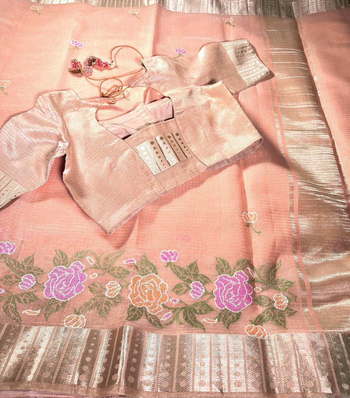 Tissue Kota Silk Saree with Floral Embroidery | Stitched Blouse | Indian Wedding & Party Wear Saree | Ships from USA