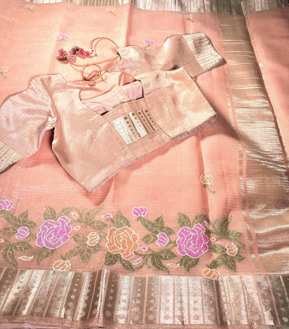 Tissue Kota Silk Saree with Floral Embroidery | Stitched Blouse | Indian Wedding & Party Wear Saree | Ships from USA