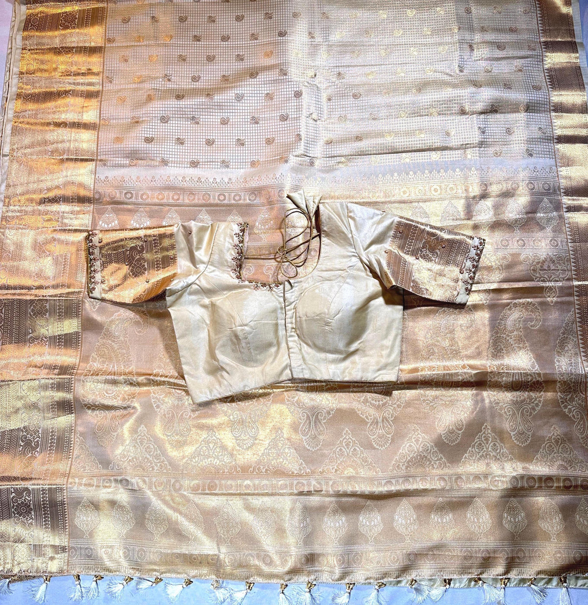 Pastel Shade Cream Premium Kanchivaram Semi Silk Saree with Maggam Work Blouse Ready-to-wear,  Festive wear, Onam Saree