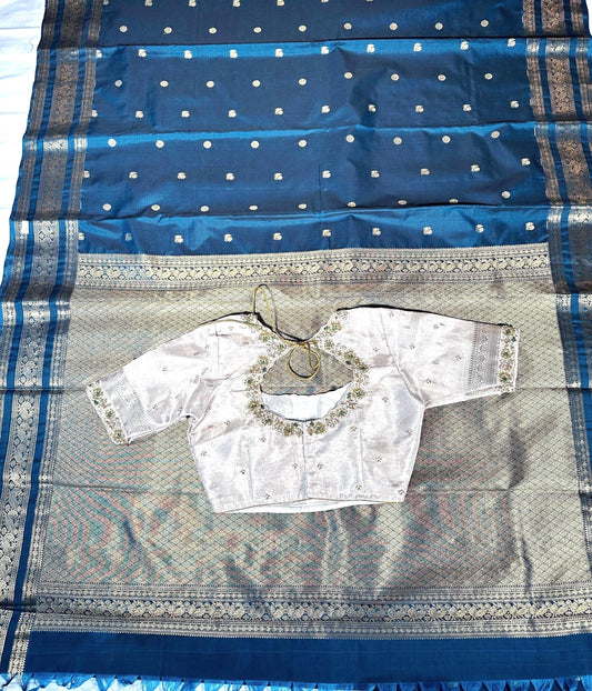 Handloom Light Weight Kanjivaram Silk Saree Gift Saree with Running Blouse, Maggam Work Stitched Blouse | Wedding & Party Saree