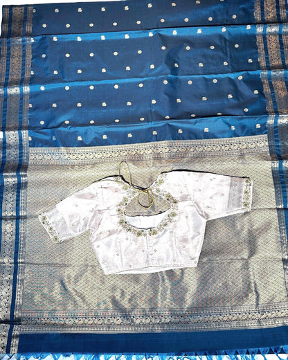 Handloom Light Weight Kanjivaram Silk Saree Gift Saree with Running Blouse, Maggam Work Stitched Blouse | Wedding & Party Saree