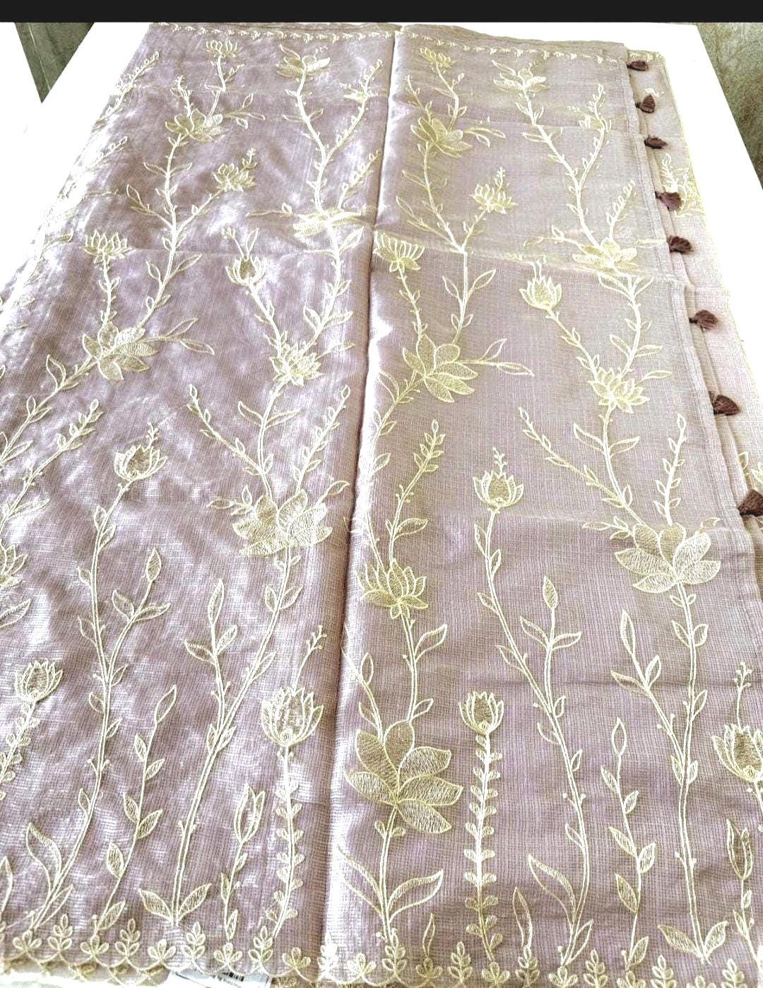 Silky Kota Appliqué Work Saree with Stitched Blouse | Gift Wedding Party Saree | Ships from US