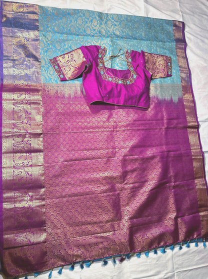 Premium Kanjivaram Silk Saree with Stitched Maggam Work Blouse, Wedding Party Wear