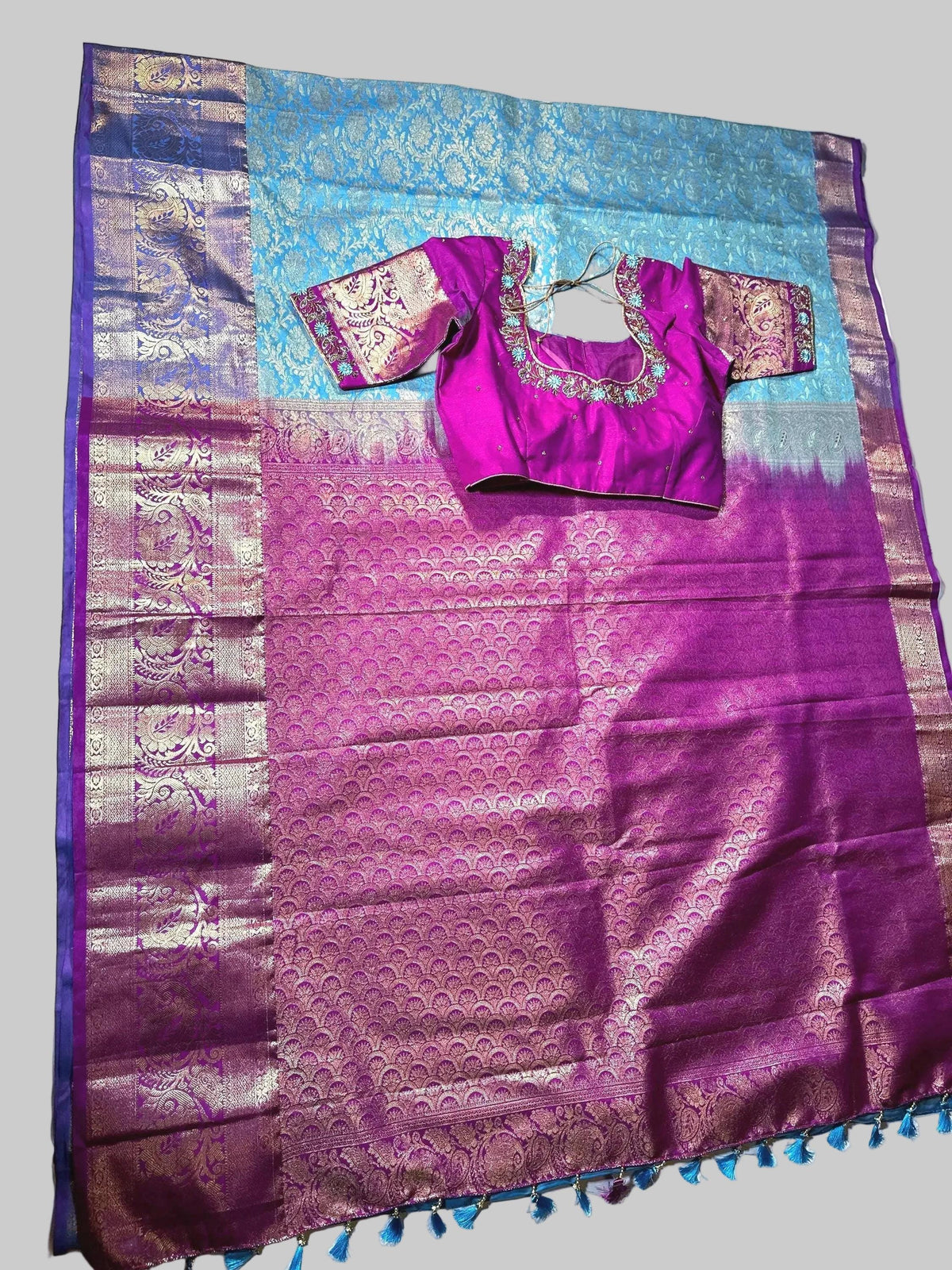 Premium Kanjivaram Silk Saree with Stitched Maggam Work Blouse, Wedding Party Wear