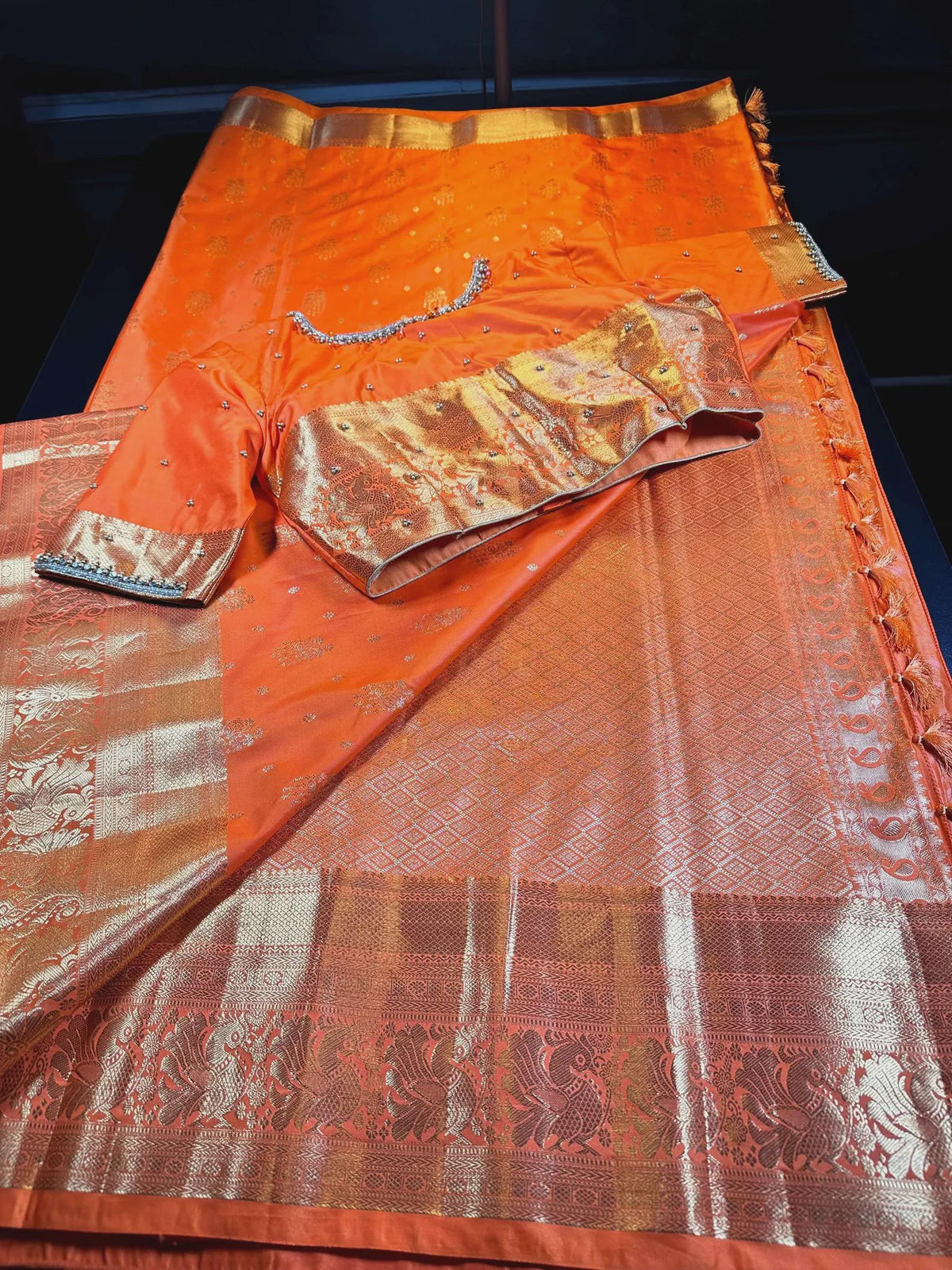 Kanjivaram Premium Semi Silk Saree with Stitched Maggam Work Blouse | Indian Wedding Orange Saree | Ships From USA
