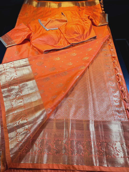 Kanjivaram Premium Semi Silk Saree with Stitched Maggam Work Blouse | Indian Wedding Orange Saree | Ships From USA