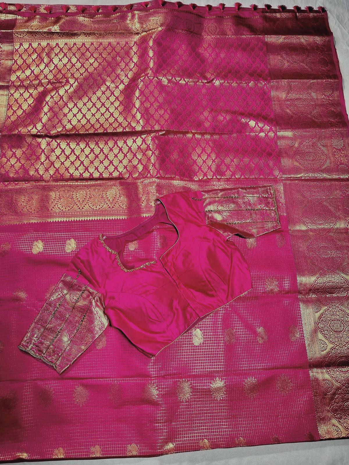 Kanjivaram Premium Semi Silk Saree with Stitched Maggam Work Blouse | Indian Wedding Saree | Ships From USA