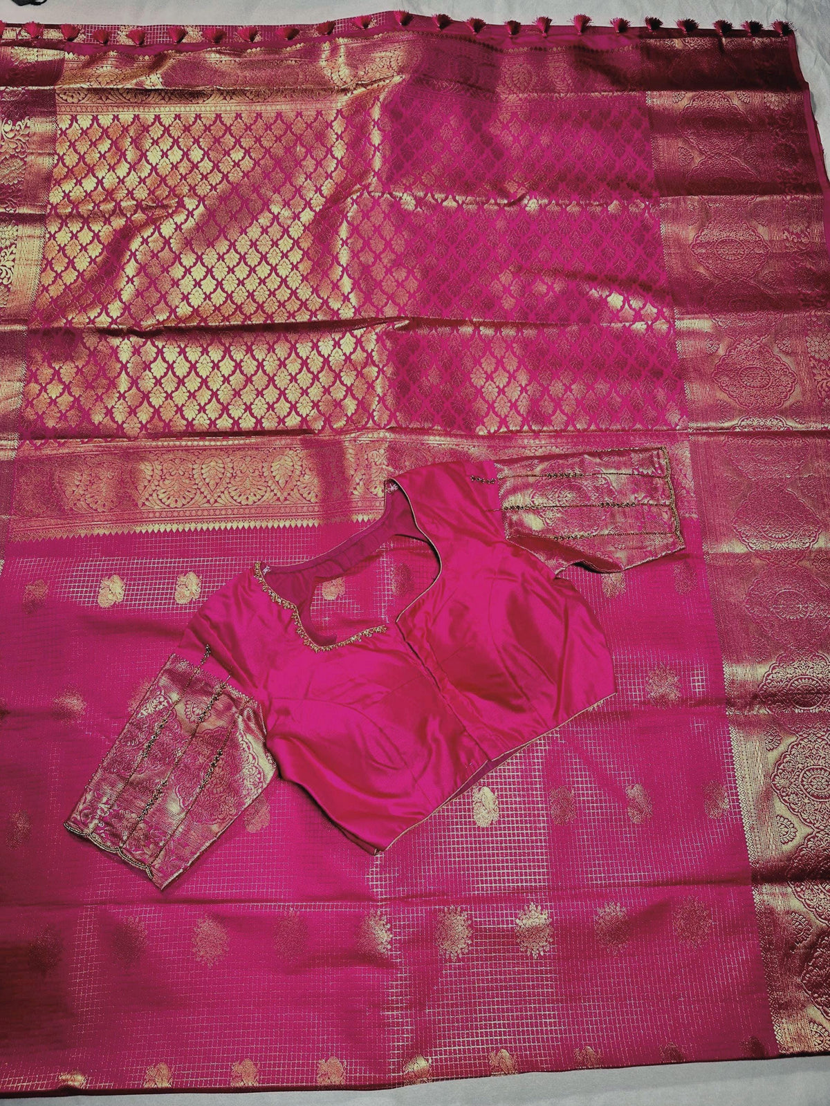 Kanjivaram Premium Semi Silk Saree with Stitched Maggam Work Blouse | Indian Wedding Saree | Ships From USA