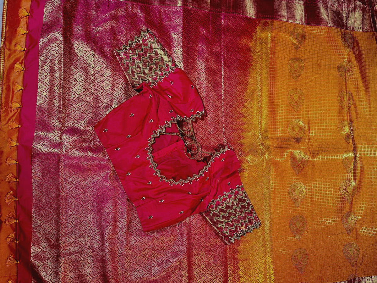 Kanchivaram Premium Semi Silk Saree with Maggam Work Blouse Ready-to-wear, Shipping from USA