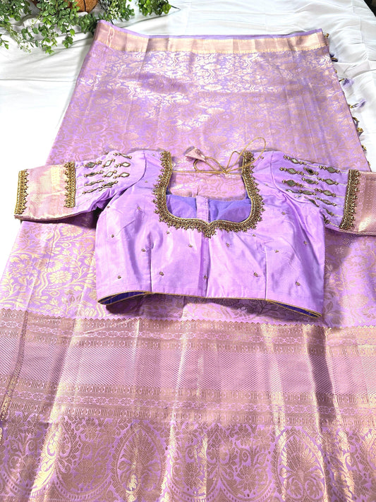 Kanjivaram Brocade Premium Semi Silk Saree with Stitched Maggam Work Mirror Work Blouse. Ready to wear. Shipping from USA