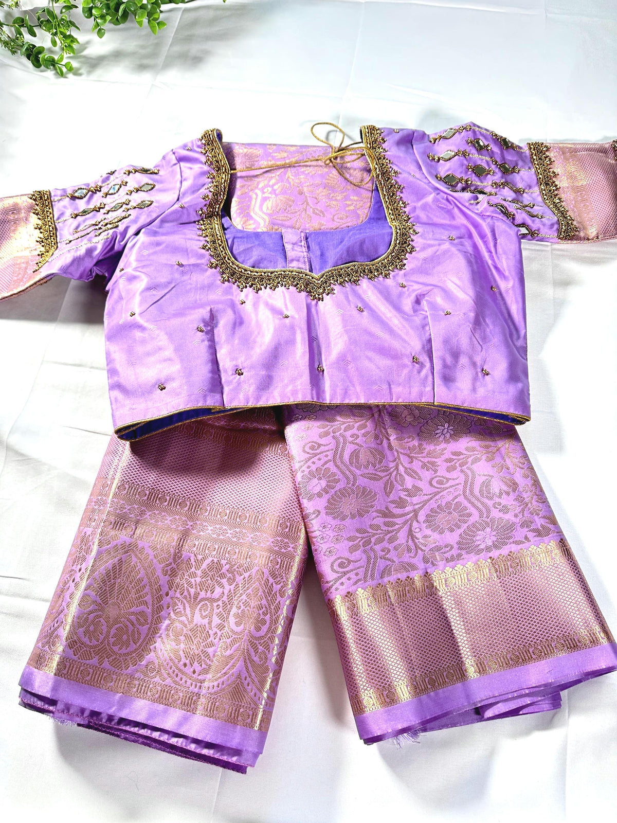 Kanjivaram Brocade Premium Semi Silk Saree with Stitched Maggam Work Mirror Work Blouse. Ready to wear. Shipping from USA