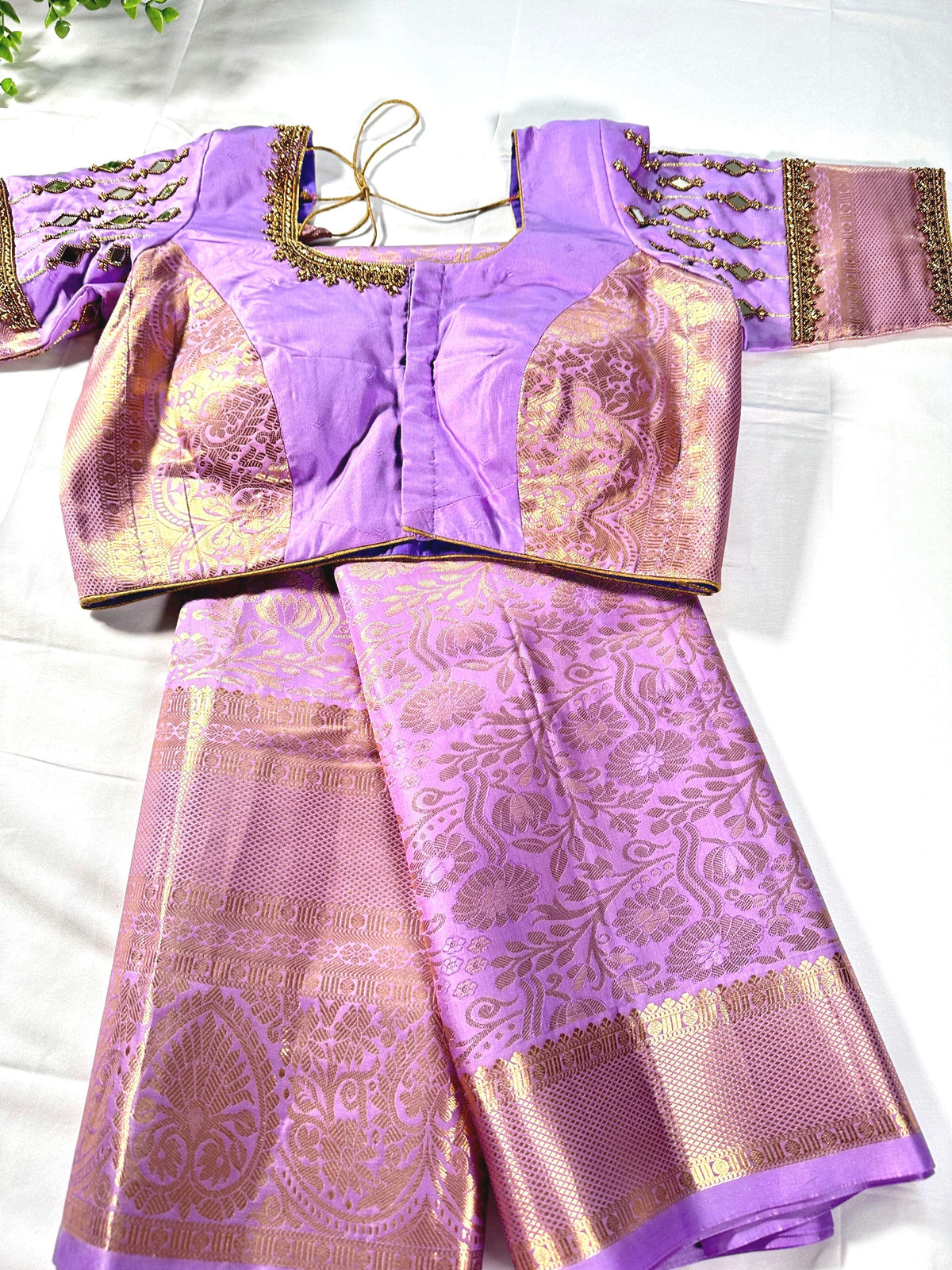 Kanjivaram Brocade Premium Semi Silk Saree with Stitched Maggam Work Mirror Work Blouse. Ready to wear. Shipping from USA