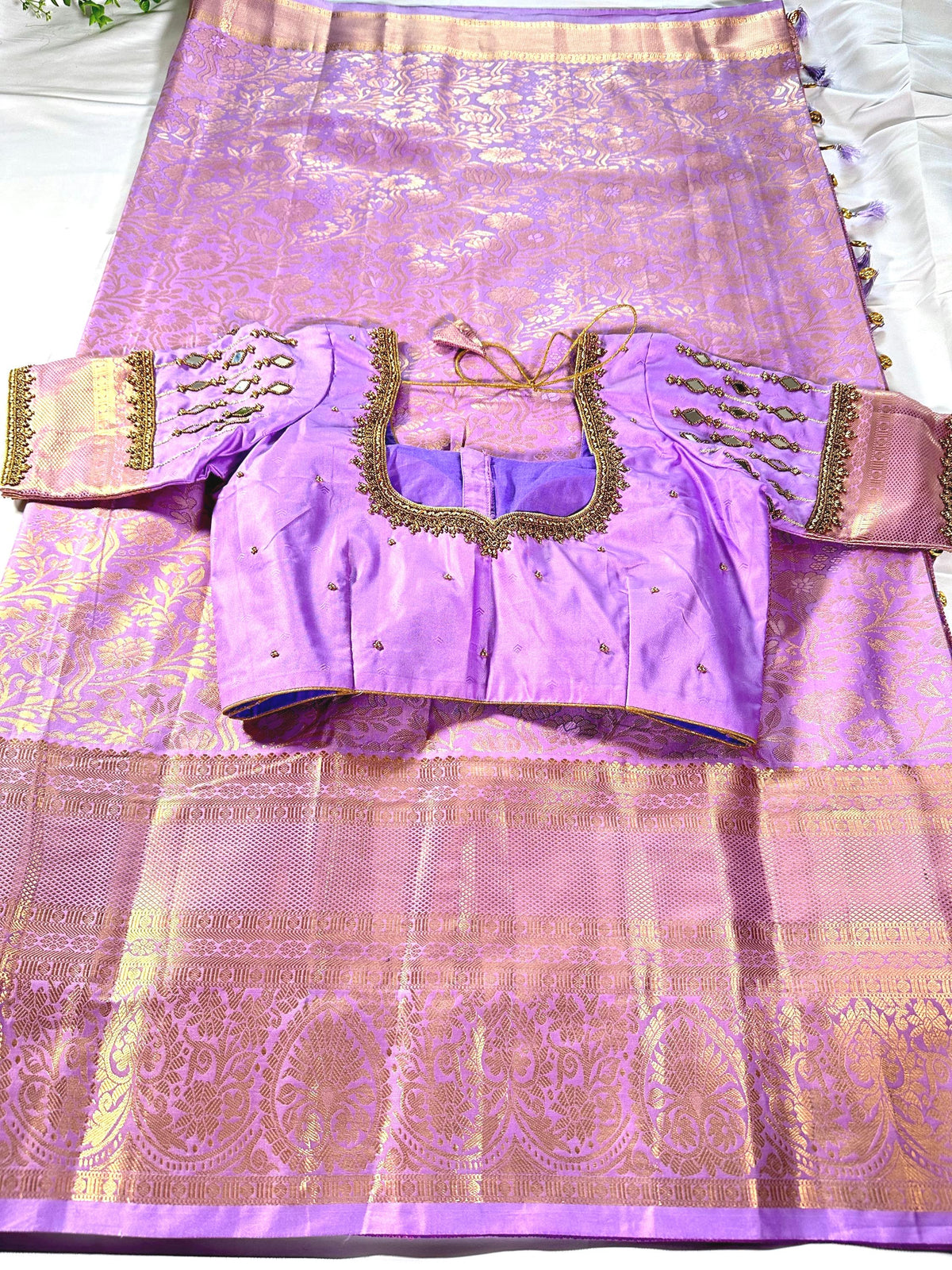 Kanjivaram Brocade Premium Semi Silk Saree with Stitched Maggam Work Mirror Work Blouse. Ready to wear. Shipping from USA