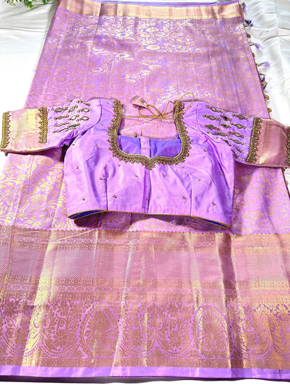 Kanjivaram Brocade Premium Semi Silk Saree with Stitched Maggam Work Mirror Work Blouse. Ready to wear. Shipping from USA