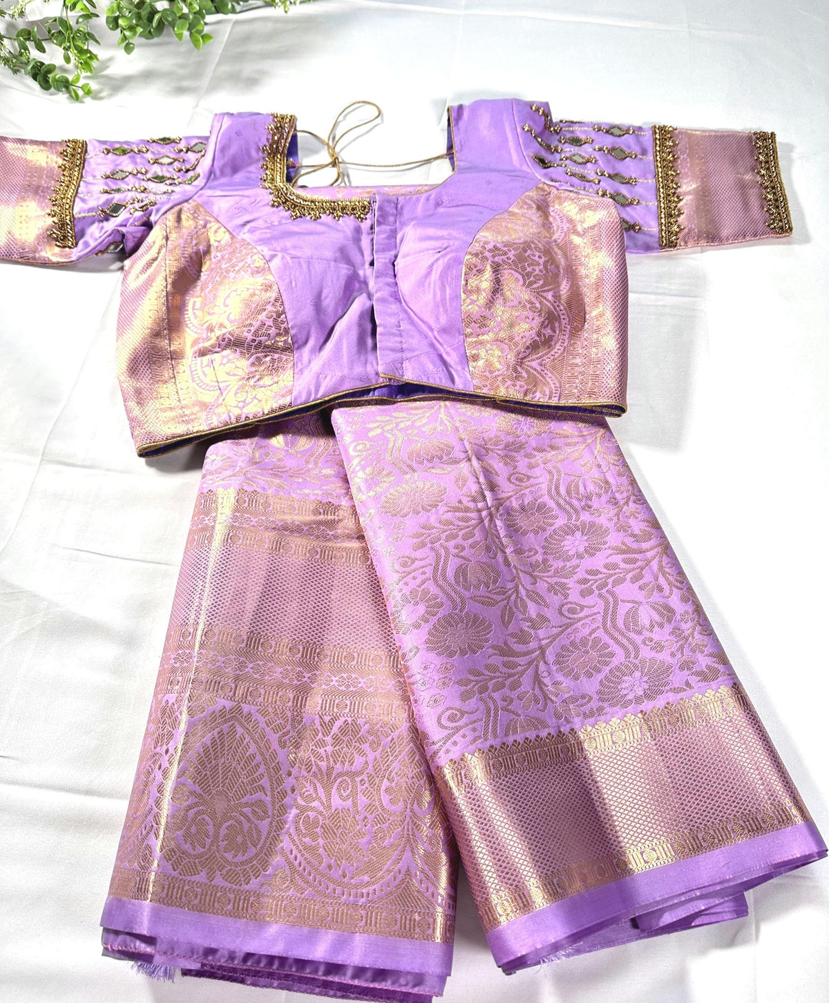 Kanjivaram Brocade Premium Semi Silk Saree with Stitched Maggam Work Mirror Work Blouse. Ready to wear. Shipping from USA
