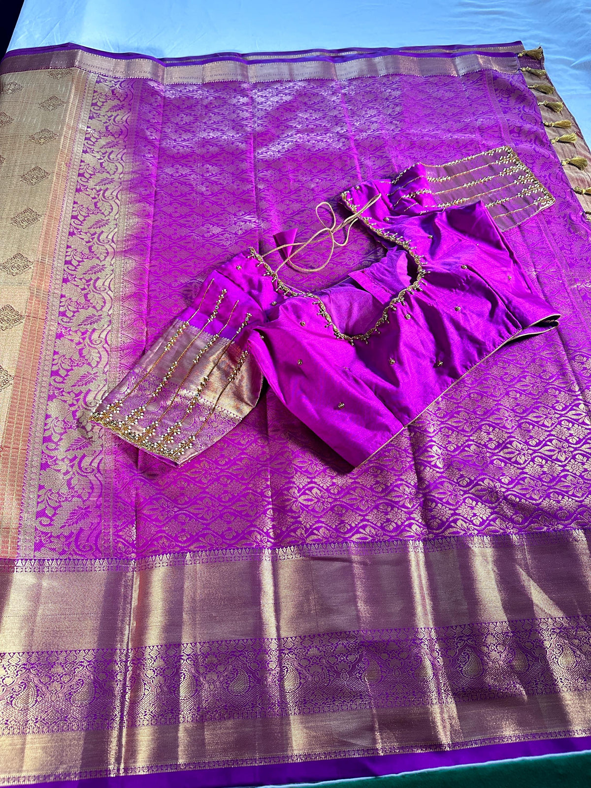 Kanjivaram Premium Semi Silk Saree with Stitched Maggam Work Blouse | Indian Wedding Saree | Ships From USA