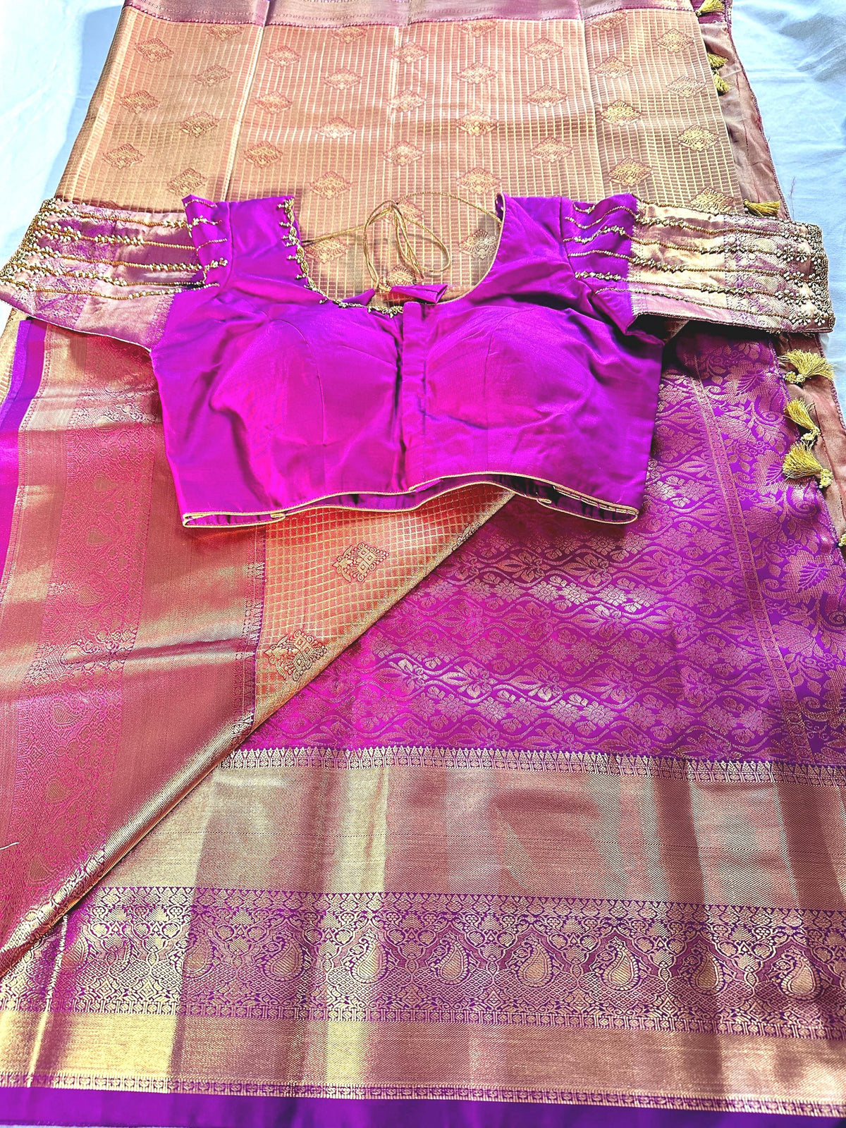Kanjivaram Premium Semi Silk Saree with Stitched Maggam Work Blouse | Indian Wedding Saree | Ships From USA