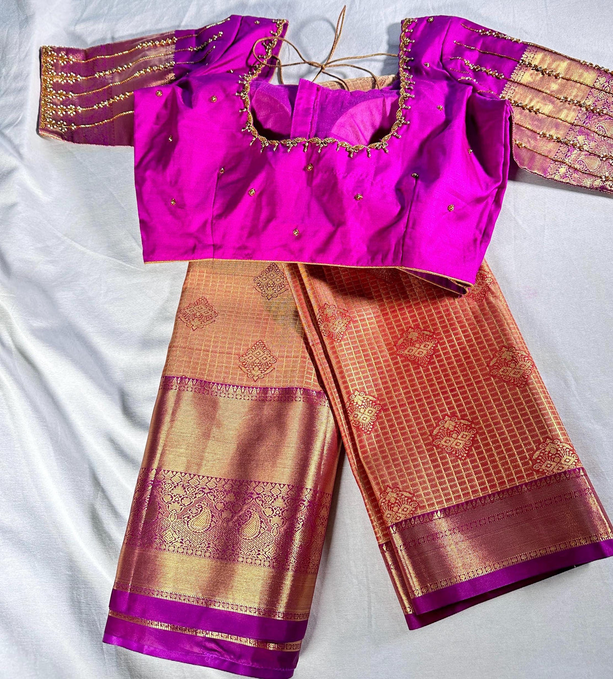 Kanjivaram Premium Semi Silk Saree with Stitched Maggam Work Blouse | Indian Wedding Saree | Ships From USA