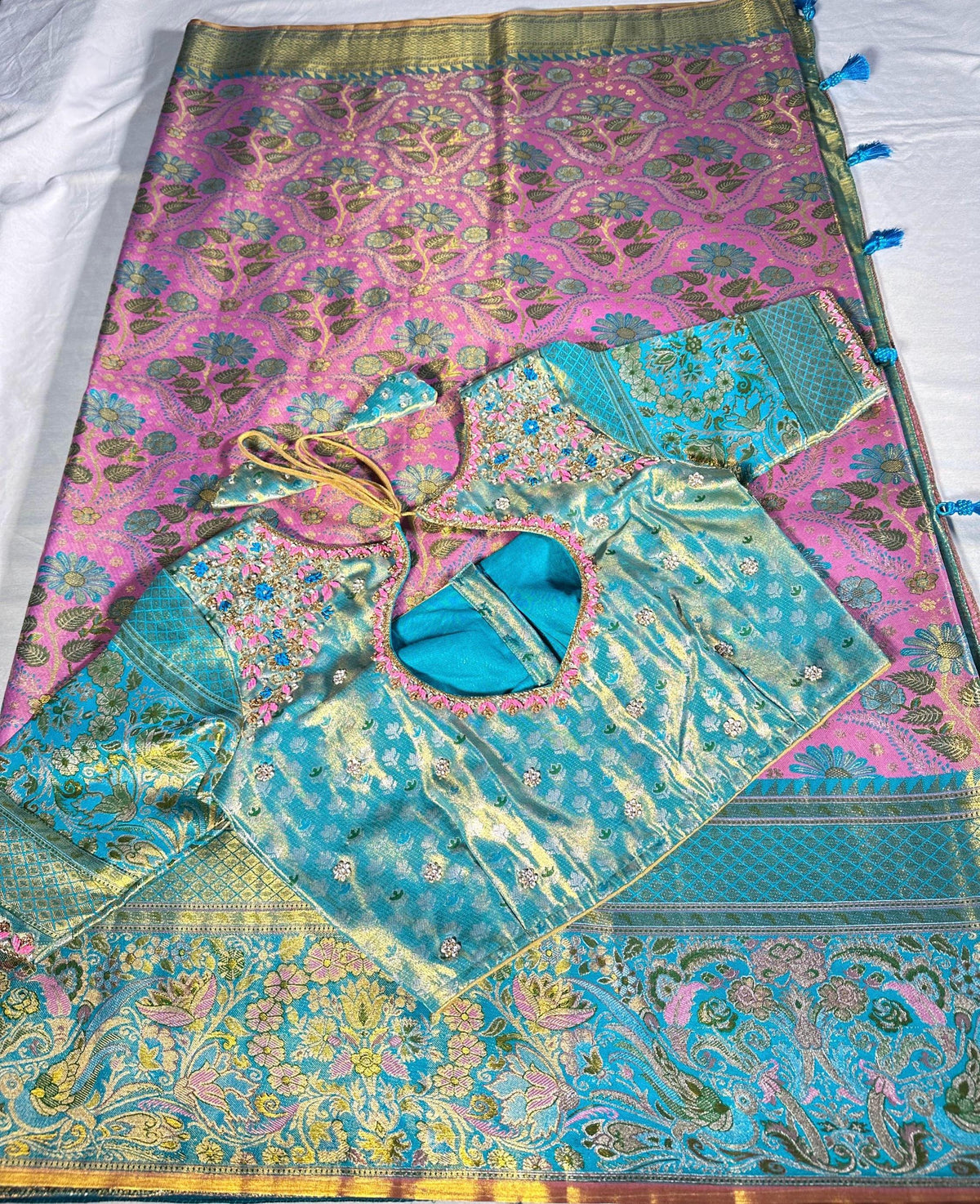 Meenakari Kanchipattu Semi Silk Saree | Floral Weaving Zari, Wedding Wear Ready to Wear | Maggam Work Blouse USA