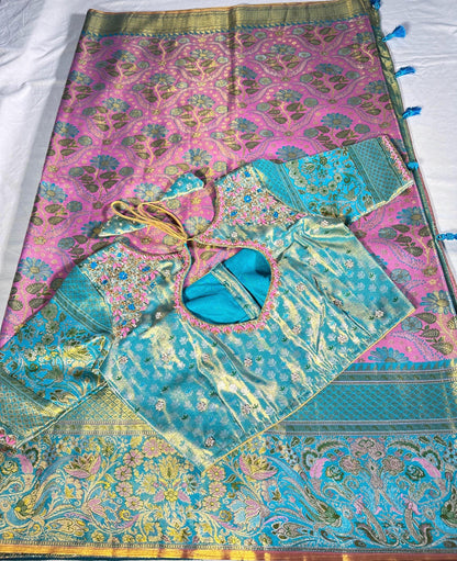 Meenakari Kanchipattu Semi Silk Saree | Floral Weaving Zari, Wedding Wear Ready to Wear | Maggam Work Blouse USA