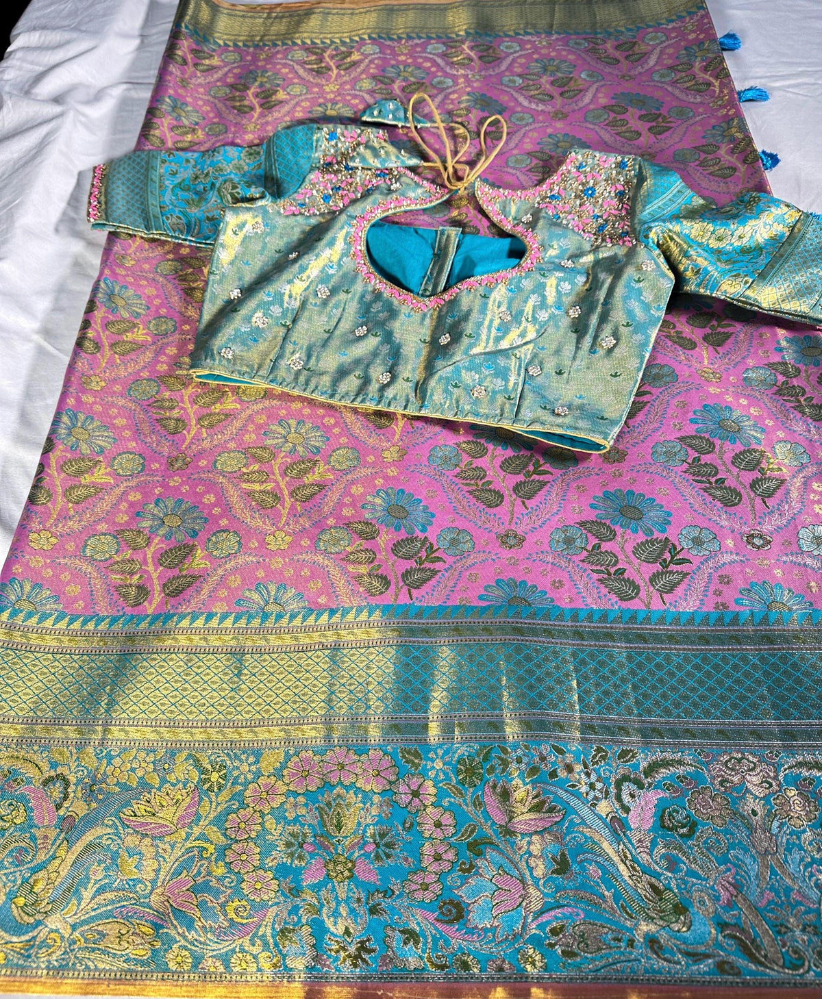 Meenakari Kanchipattu Semi Silk Saree | Floral Weaving Zari, Wedding Wear Ready to Wear | Maggam Work Blouse USA