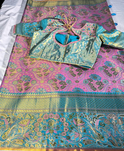 Meenakari Kanchipattu Semi Silk Saree | Floral Weaving Zari, Wedding Wear Ready to Wear | Maggam Work Blouse USA