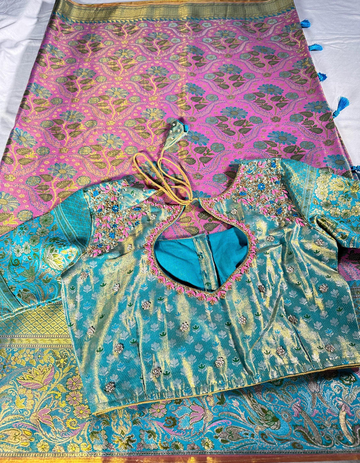 Meenakari Kanchipattu Semi Silk Saree | Floral Weaving Zari, Wedding Wear Ready to Wear | Maggam Work Blouse USA